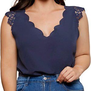 Romwe Women's Plus Size Sleeveless Scallop Trim V Neck Lace Work Blouse Tank Top